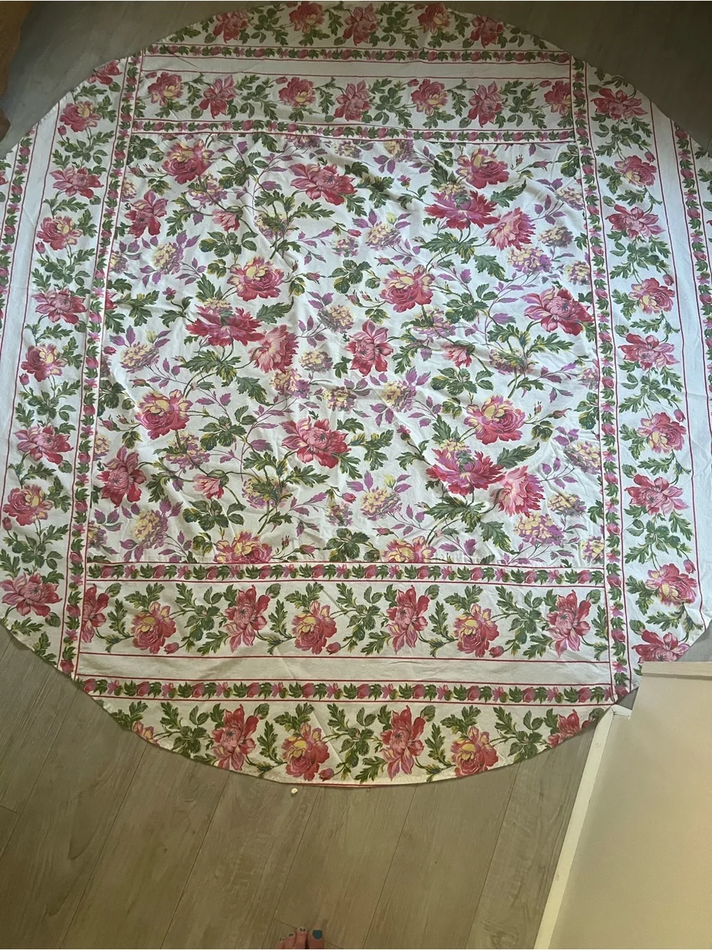 April Cornell Pink and Green Floral Cotton Round Tablecloth 66 inches across